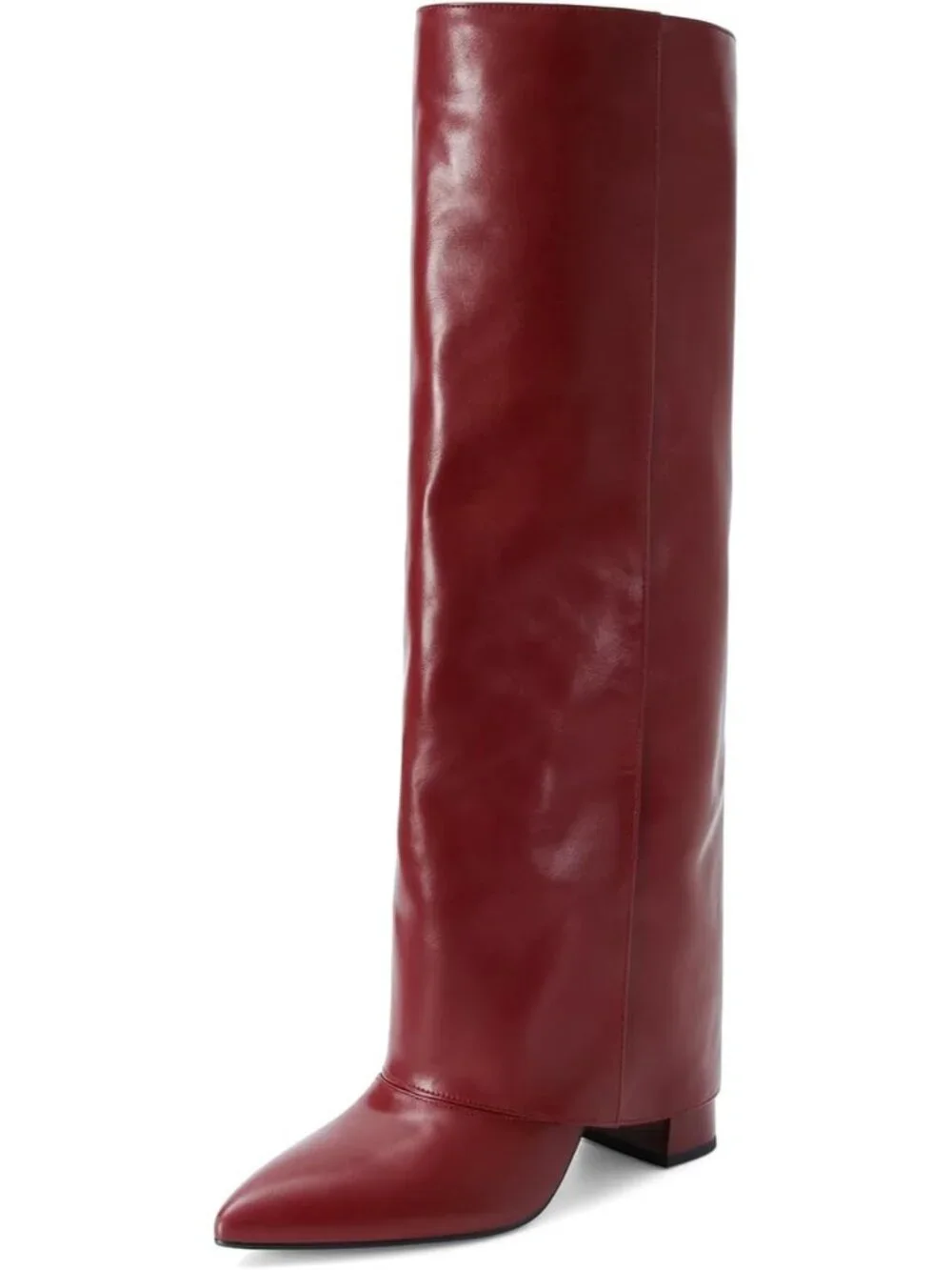Women's Red Pointed Toe Faux Leather Chunky Heel Fold Over Knee High Boots
